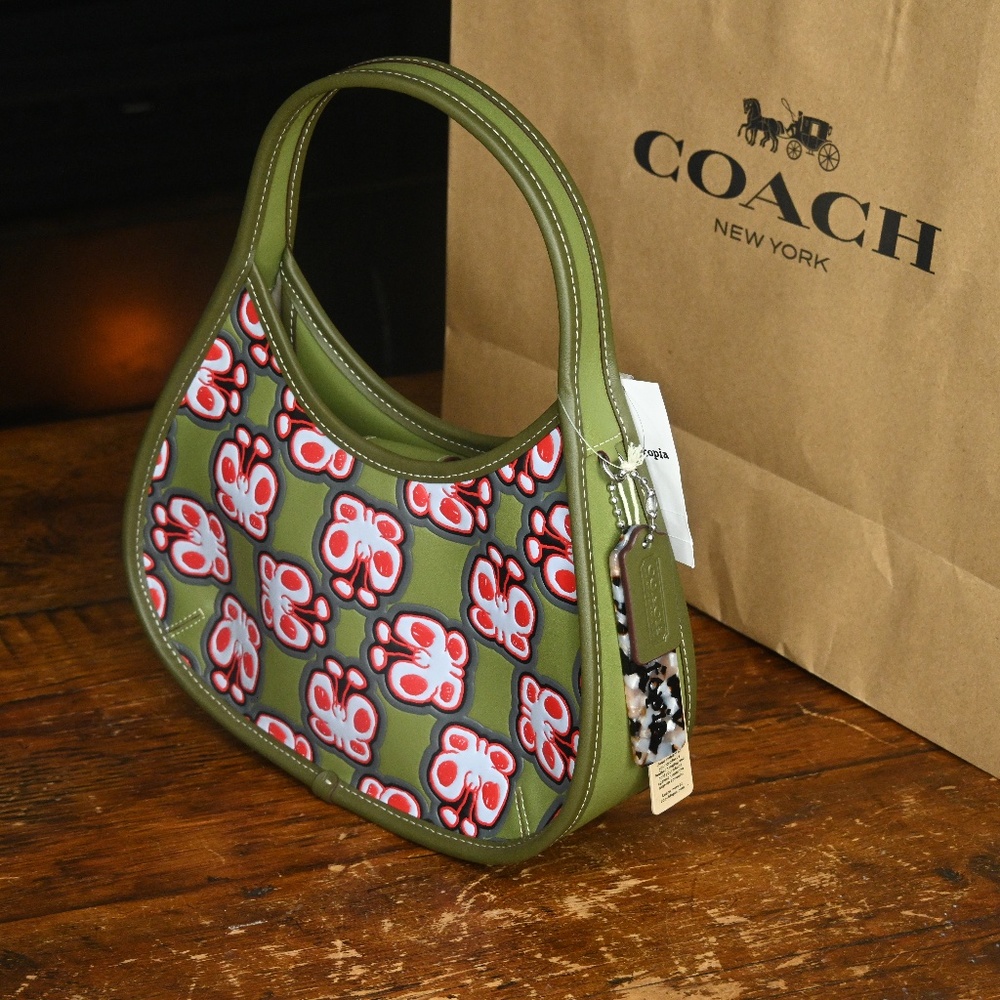 Coach Ergo bag Coachtopia Green and Red Embossed leather HANDBAG butterfly print